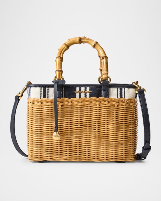 Woven Wicker Crossbody Bag with Striped Canvas
